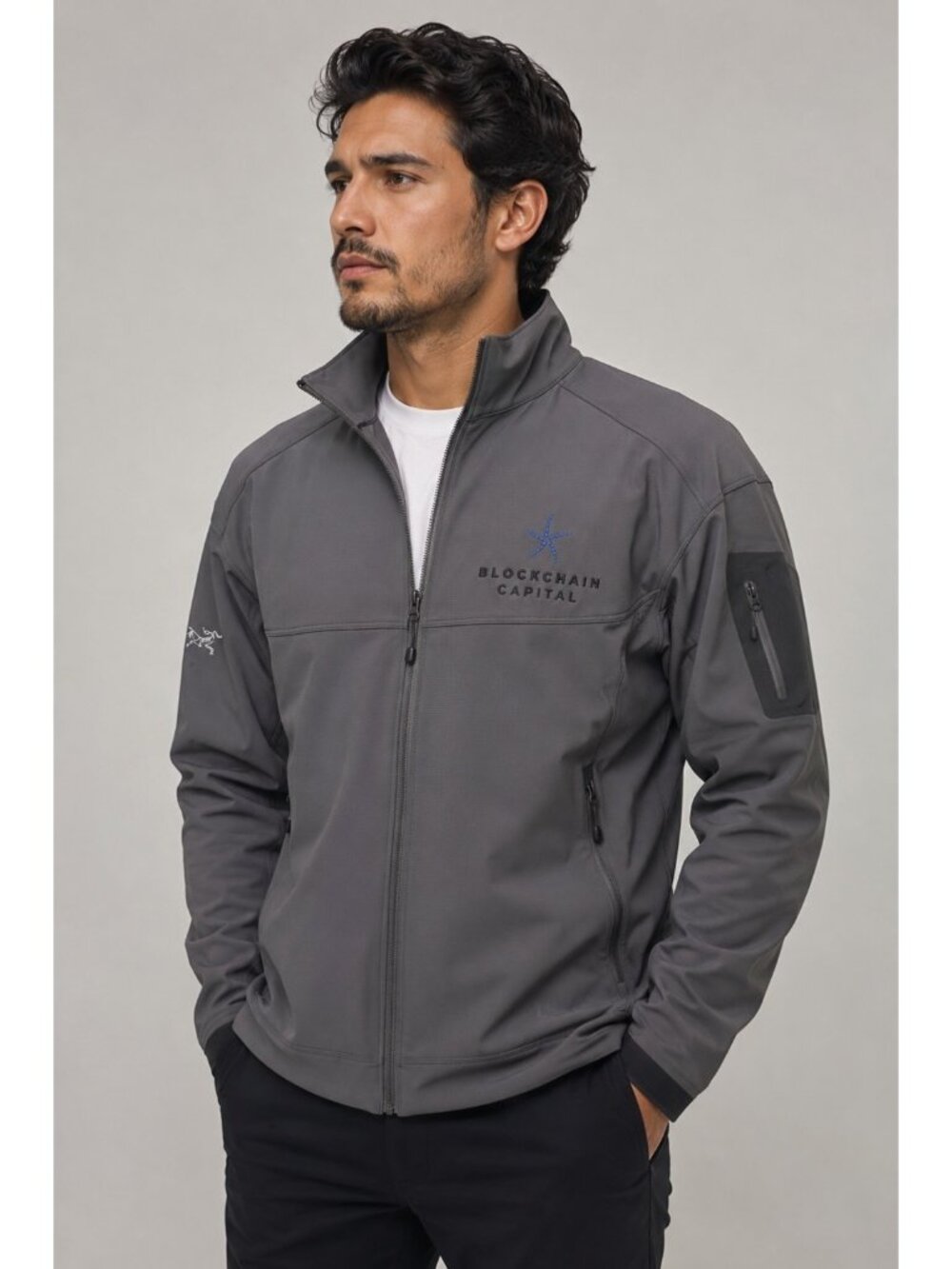 Arc’teryx XL Gray Softshell Jacket Blockchain Capital Embroidered Full Zip Stret